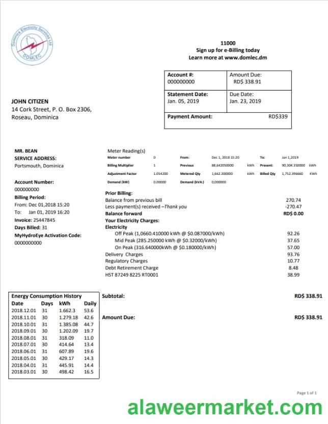Dominica Electricity Services Limited electricity utility bill template in Word and PDF format